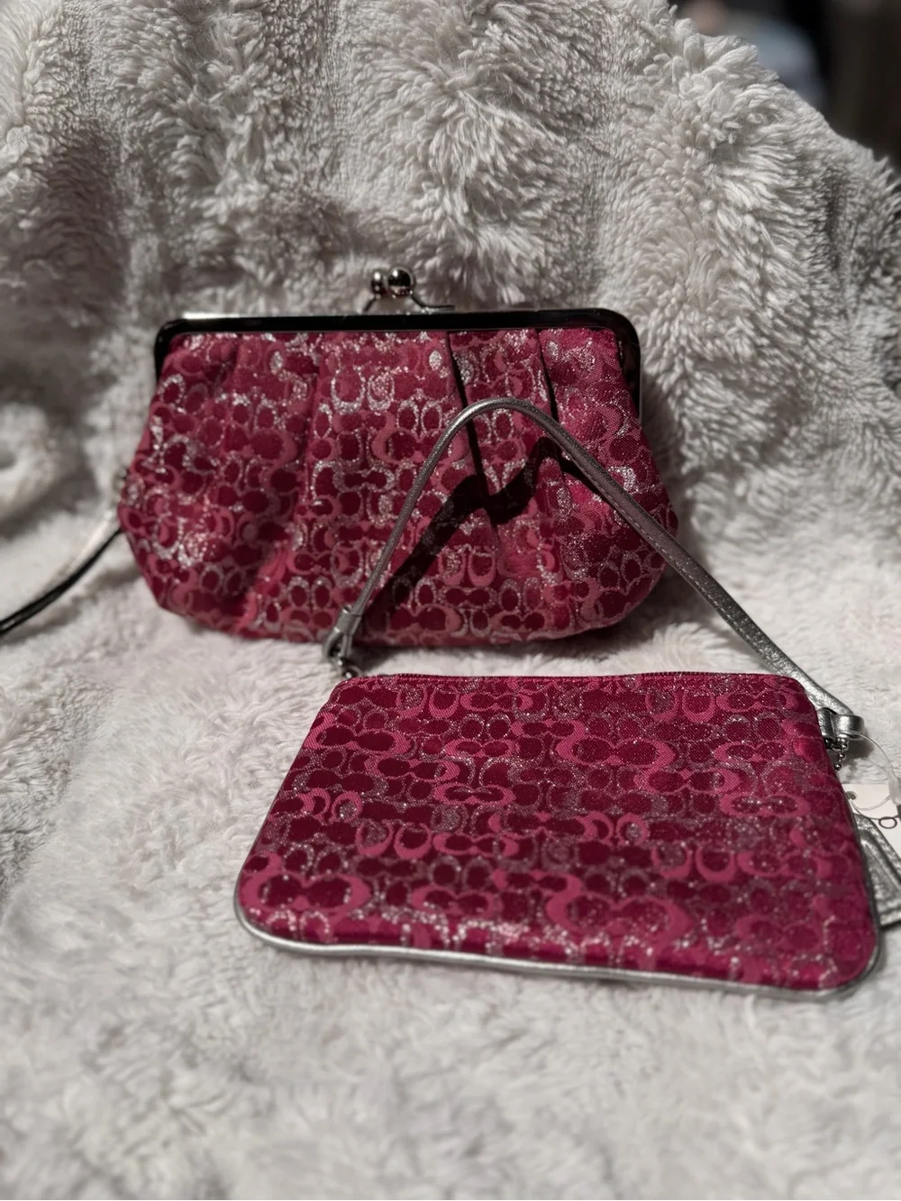 NWT Coach Raspberry Lurex Wristlet and Kisslock Pouch Duo